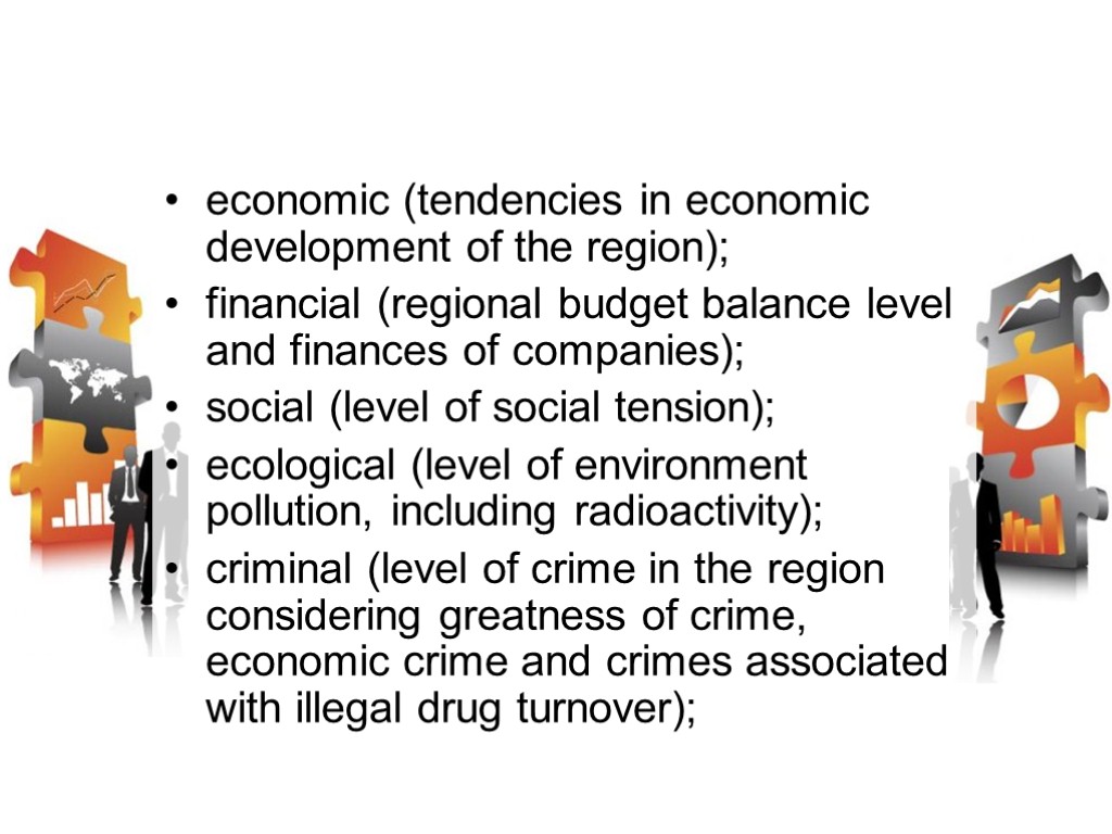 economic (tendencies in economic development of the region); financial (regional budget balance level and